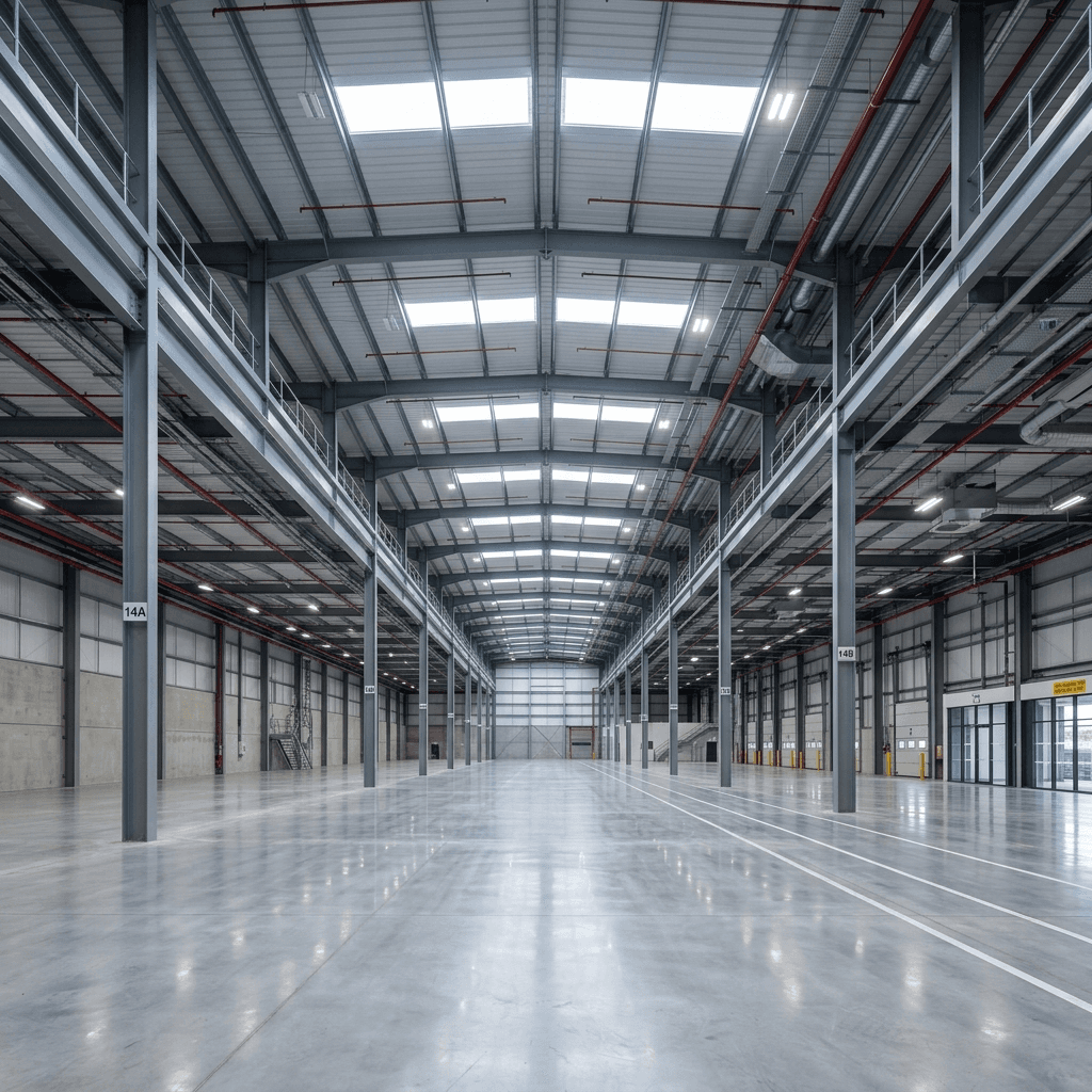 Interior of the industrial warehouse facility at 33 Elm St Merrimack NH showing high clear height and LED lighting